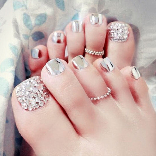 AOKOMELON 24 pcs  Metallic silver For Foot Nail High Quality with rhinestone Foot False Nail