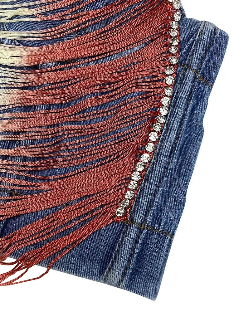 AOKOMELON Striped Tassel Sling Chain Denim Top