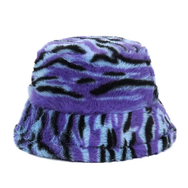 AOKOMELON Faux Fur Printed Plush Velvet Warm Bucket Hat