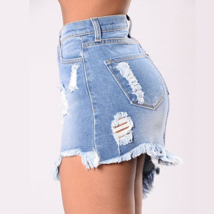 AOKOMELON Black/Blue Wash Denim Ripped Tassel Mini Skirts