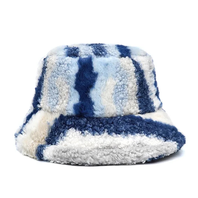 AOKOMELON Faux Fur Printed Plush Velvet Warm Bucket Hat