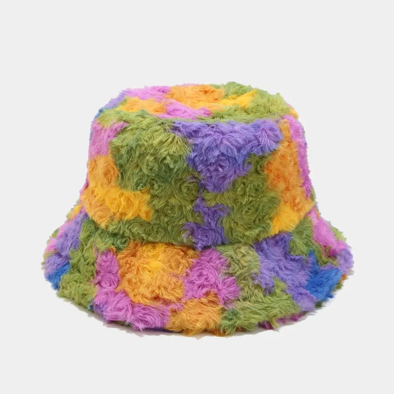 AOKOMELON Faux Fur Printed Plush Velvet Warm Bucket Hat