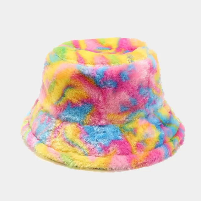 AOKOMELON Faux Fur Printed Plush Velvet Warm Bucket Hat