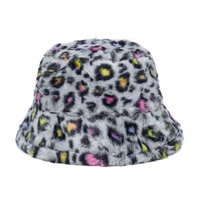 AOKOMELON Faux Fur Printed Plush Velvet Warm Bucket Hat