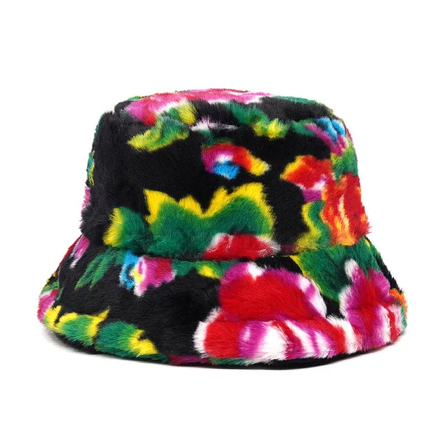 AOKOMELON Faux Fur Printed Plush Velvet Warm Bucket Hat