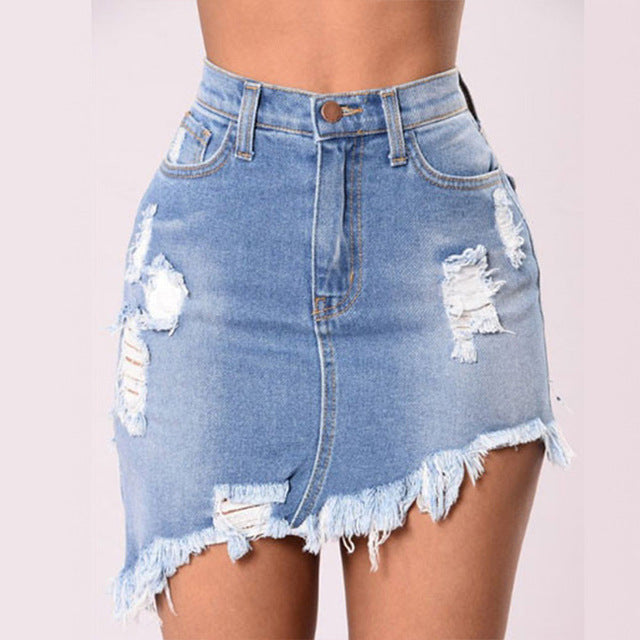 AOKOMELON Black/Blue Wash Denim Ripped Tassel Mini Skirts