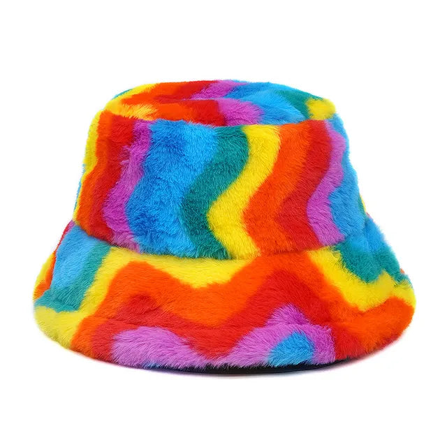 AOKOMELON Faux Fur Printed Plush Velvet Warm Bucket Hat