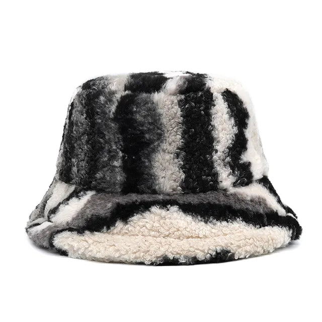 AOKOMELON Faux Fur Printed Plush Velvet Warm Bucket Hat