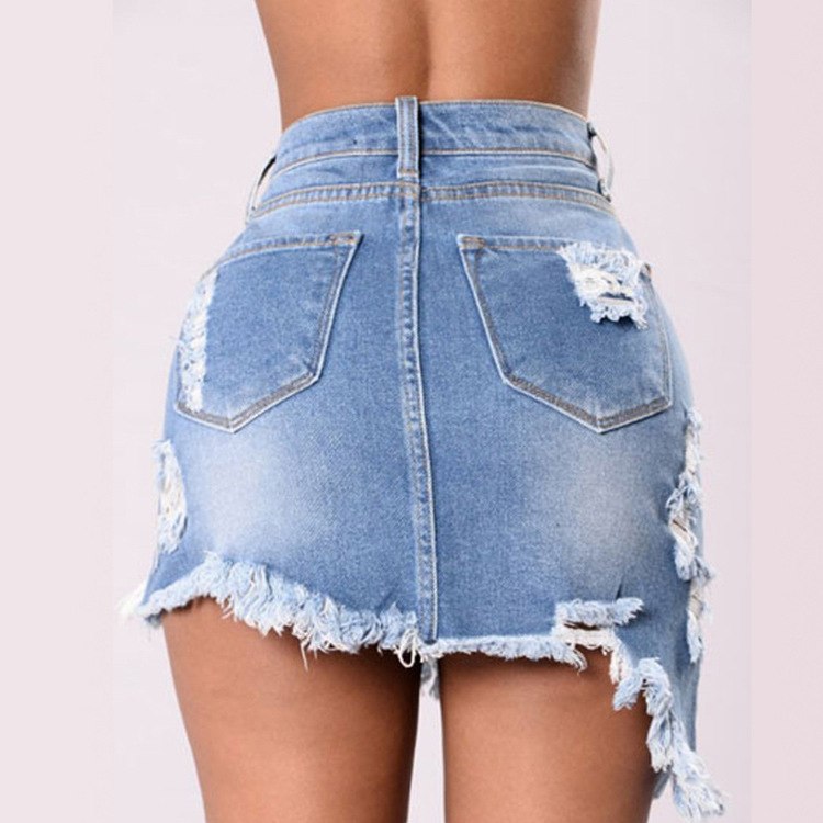 AOKOMELON Black/Blue Wash Denim Ripped Tassel Mini Skirts