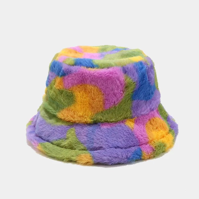 AOKOMELON Faux Fur Printed Plush Velvet Warm Bucket Hat