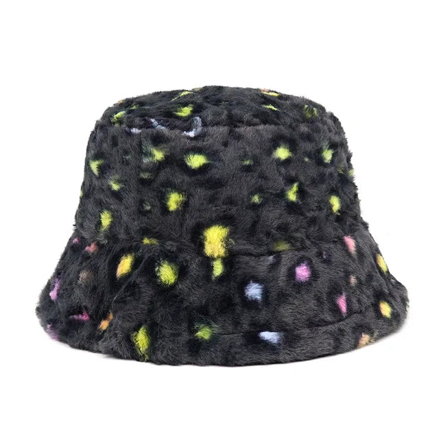 AOKOMELON Faux Fur Printed Plush Velvet Warm Bucket Hat