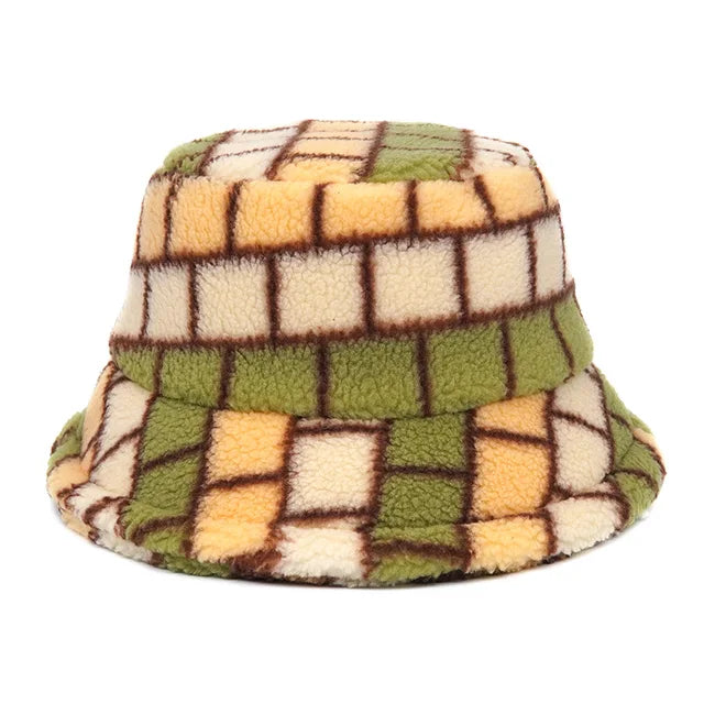 AOKOMELON Faux Fur Printed Plush Velvet Warm Bucket Hat