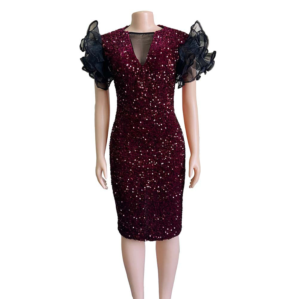 AOKOMELON Velvet Sequined African Party Dress