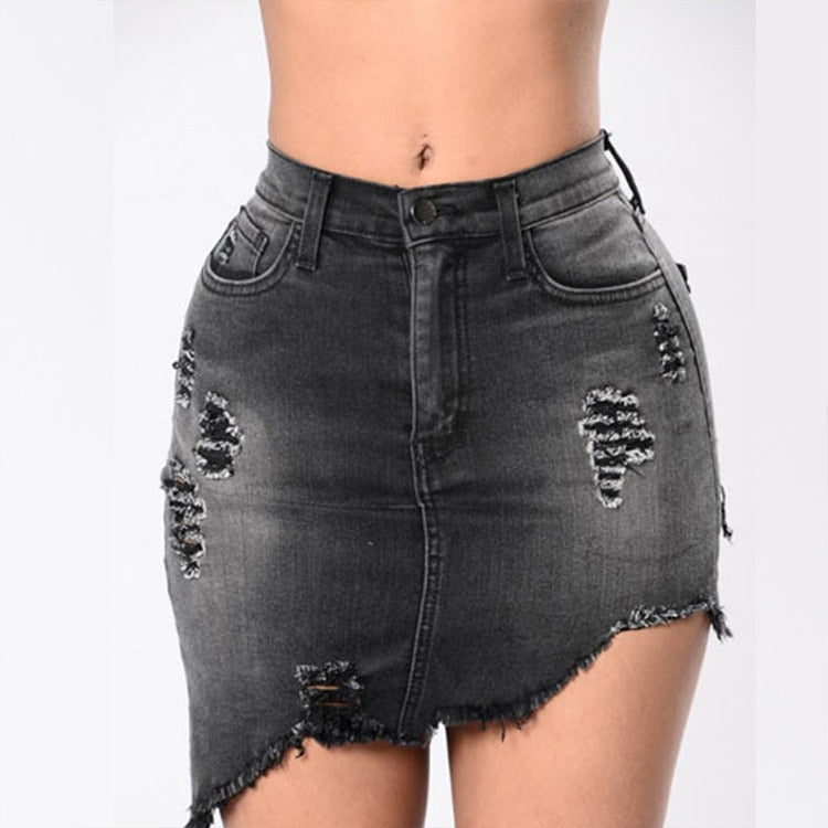 AOKOMELON Black/Blue Wash Denim Ripped Tassel Mini Skirts