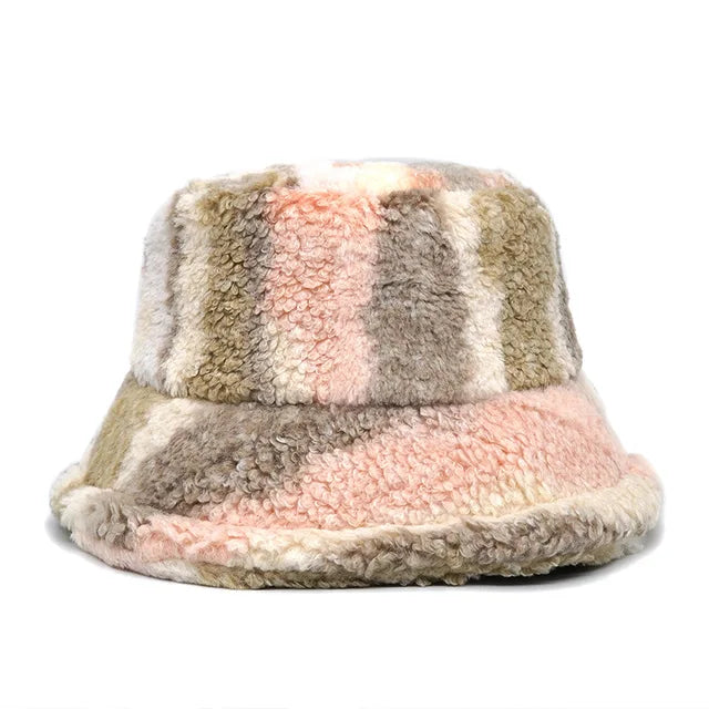 AOKOMELON Faux Fur Printed Plush Velvet Warm Bucket Hat