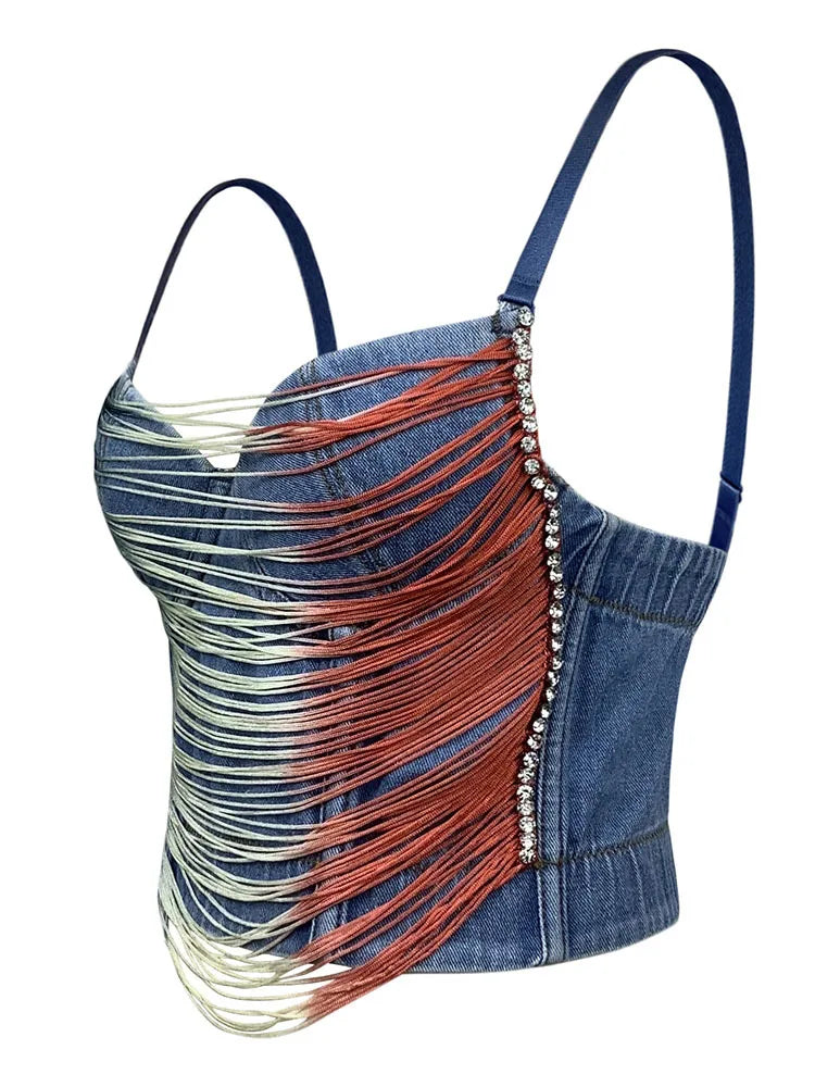 AOKOMELON Striped Tassel Sling Chain Denim Top