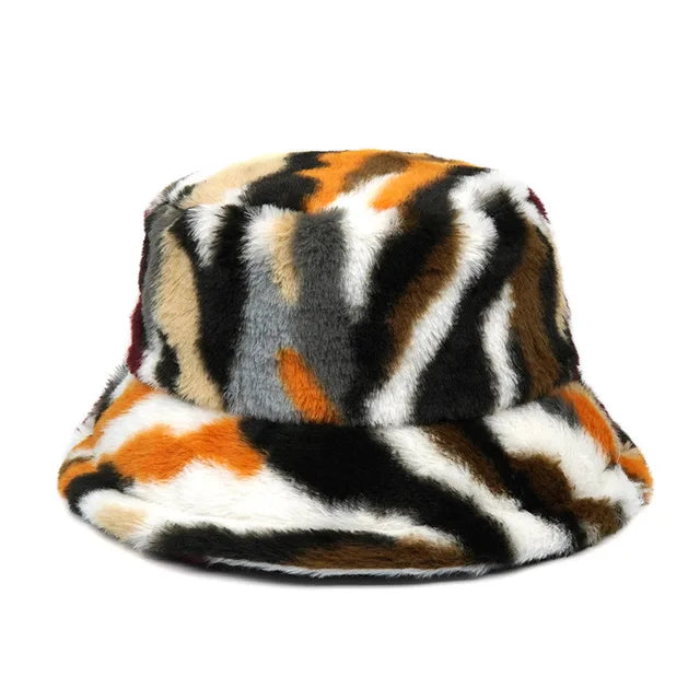 AOKOMELON Faux Fur Printed Plush Velvet Warm Bucket Hat