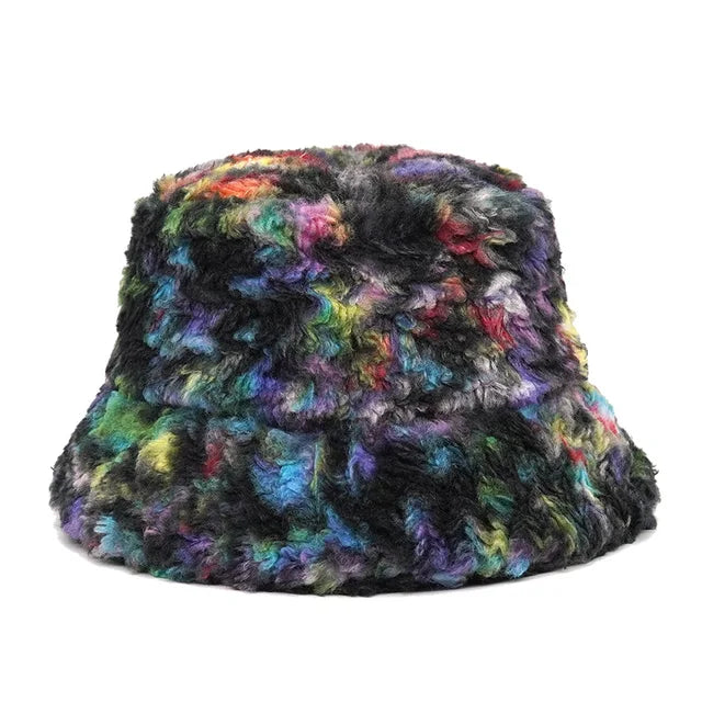 AOKOMELON Faux Fur Printed Plush Velvet Warm Bucket Hat