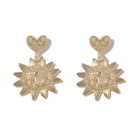 AOKOMELON Retro Sunflower Pendant Heart Earrings