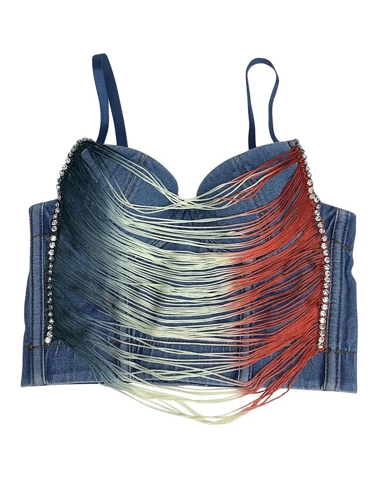 AOKOMELON Striped Tassel Sling Chain Denim Top