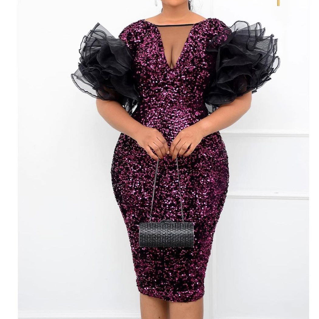 AOKOMELON Velvet Sequined African Party Dress