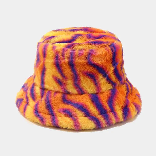 AOKOMELON Faux Fur Printed Plush Velvet Warm Bucket Hat