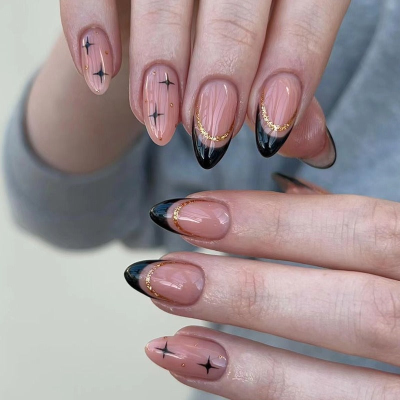 AOKOMELON Black French Almond Nails