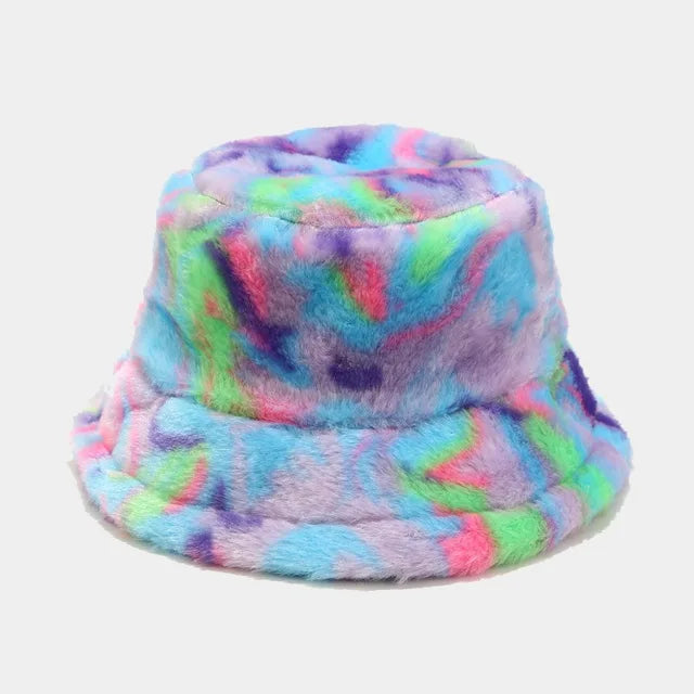 AOKOMELON Faux Fur Printed Plush Velvet Warm Bucket Hat