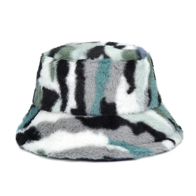 AOKOMELON Faux Fur Printed Plush Velvet Warm Bucket Hat