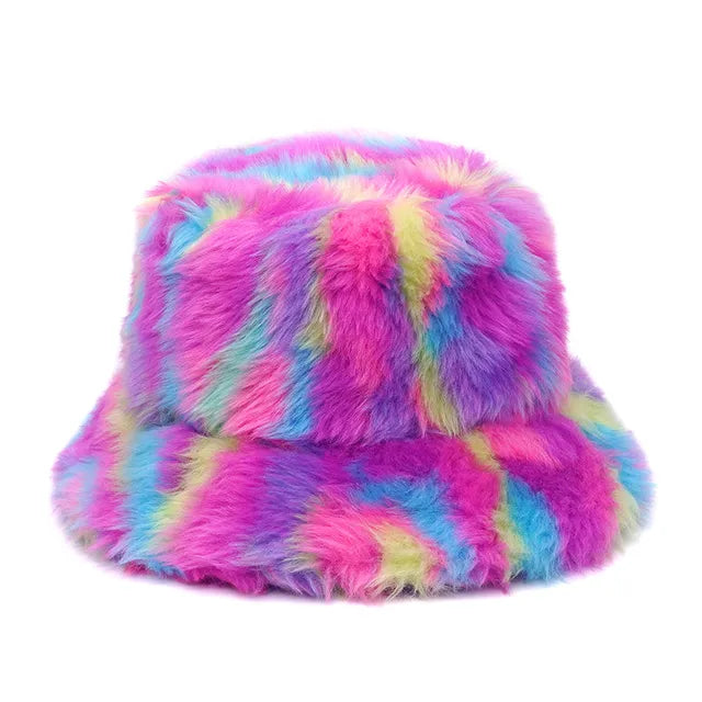 AOKOMELON Faux Fur Printed Plush Velvet Warm Bucket Hat