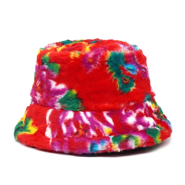 AOKOMELON Faux Fur Printed Plush Velvet Warm Bucket Hat