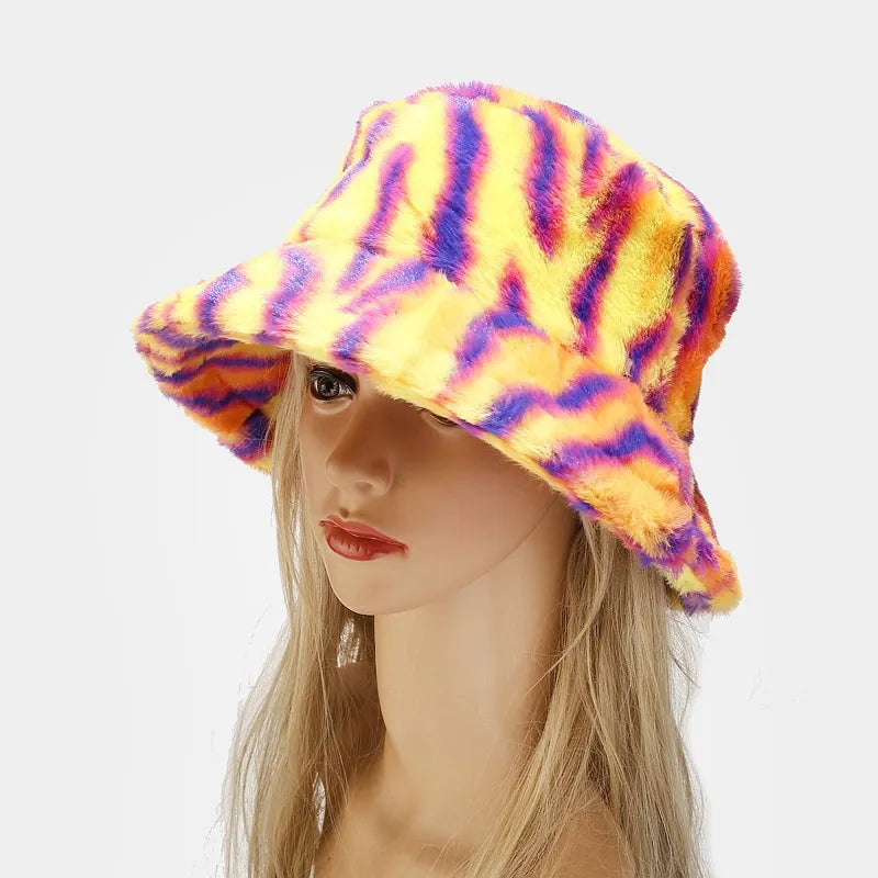 AOKOMELON Faux Fur Printed Plush Velvet Warm Bucket Hat