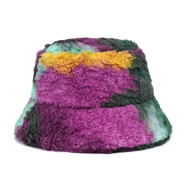 AOKOMELON Faux Fur Printed Plush Velvet Warm Bucket Hat