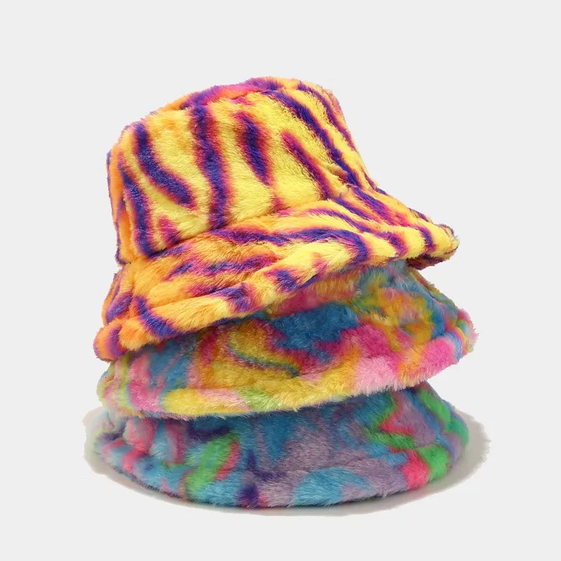 AOKOMELON Faux Fur Printed Plush Velvet Warm Bucket Hat