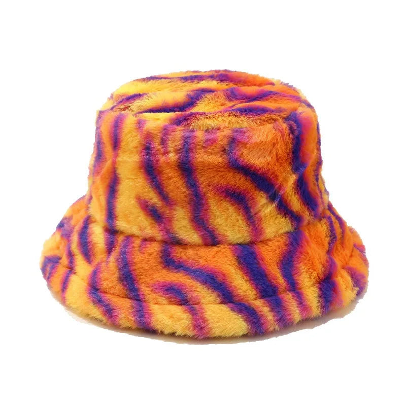 AOKOMELON Faux Fur Printed Plush Velvet Warm Bucket Hat