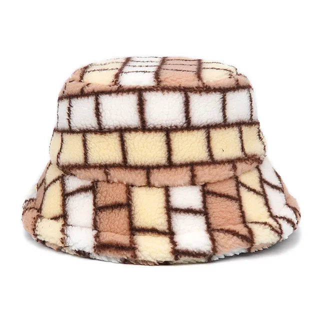 AOKOMELON Faux Fur Printed Plush Velvet Warm Bucket Hat