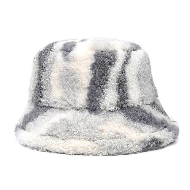 AOKOMELON Faux Fur Printed Plush Velvet Warm Bucket Hat