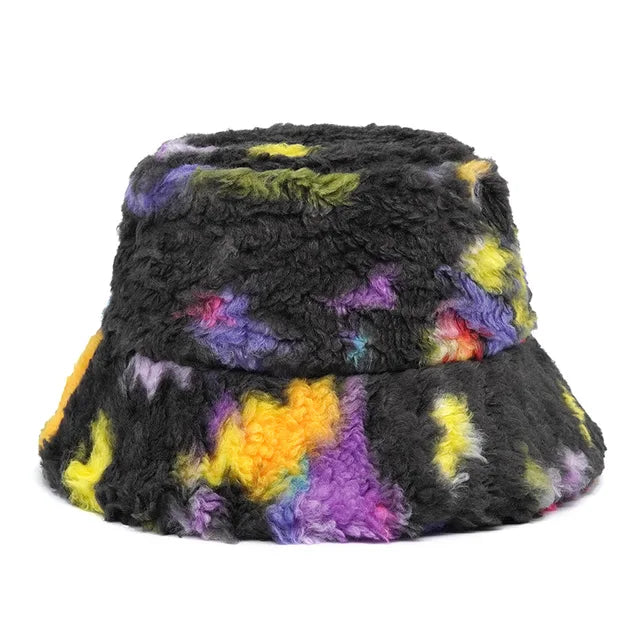 AOKOMELON Faux Fur Printed Plush Velvet Warm Bucket Hat