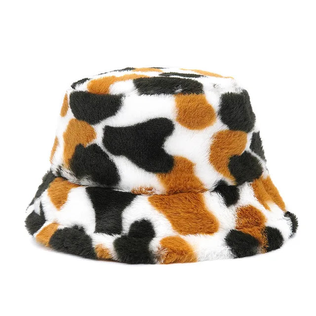 AOKOMELON Faux Fur Printed Plush Velvet Warm Bucket Hat