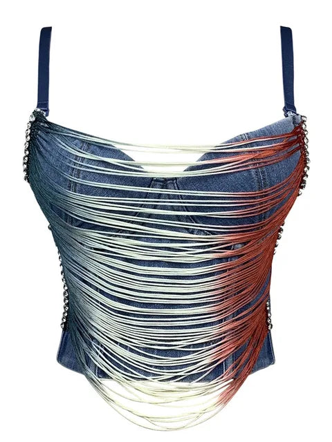 AOKOMELON Striped Tassel Sling Chain Denim Top