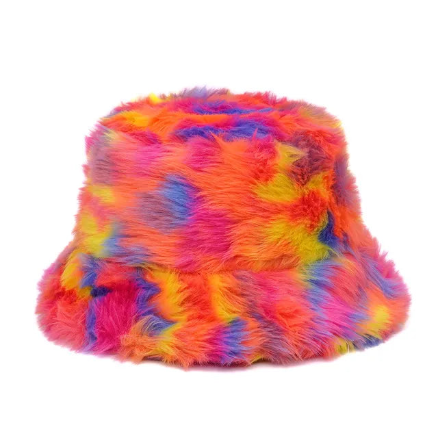 AOKOMELON Faux Fur Printed Plush Velvet Warm Bucket Hat