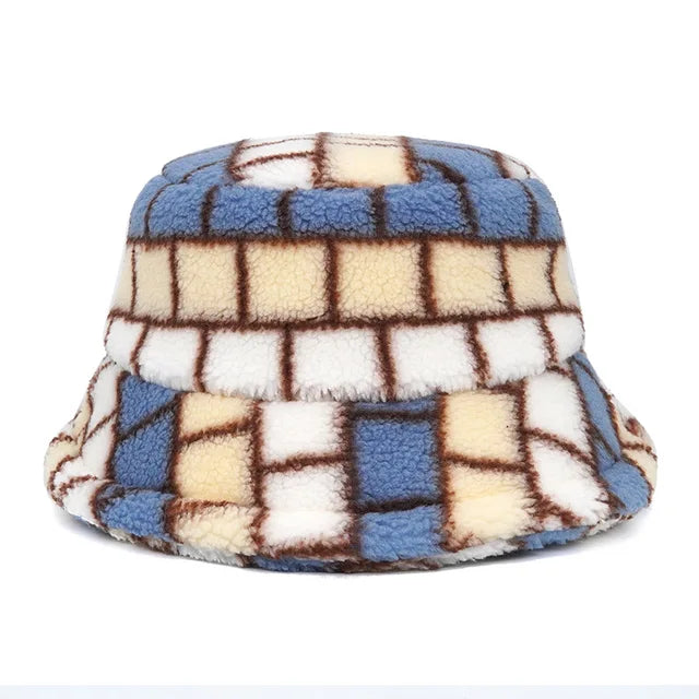 AOKOMELON Faux Fur Printed Plush Velvet Warm Bucket Hat