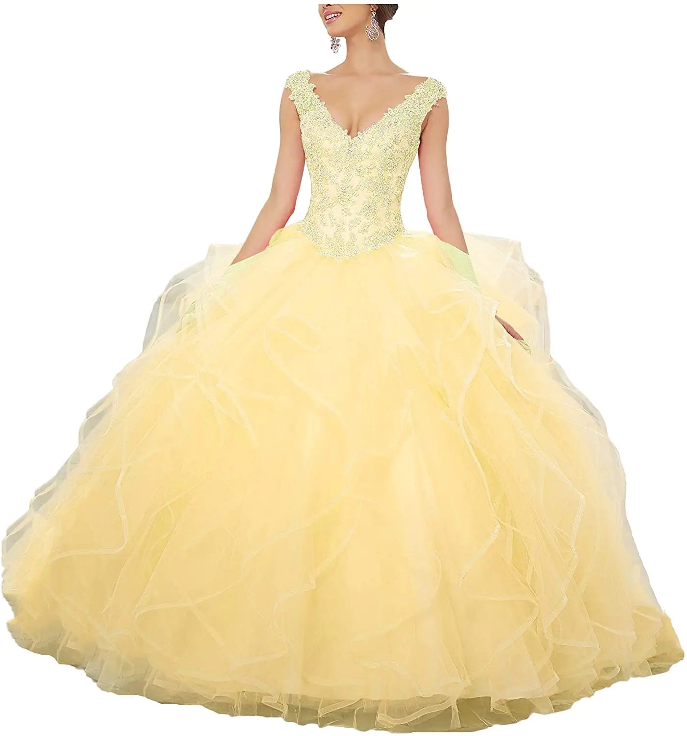 AOKOMELON Long Puffy Yellow Dress For Prom,Quinceanera & Pageant